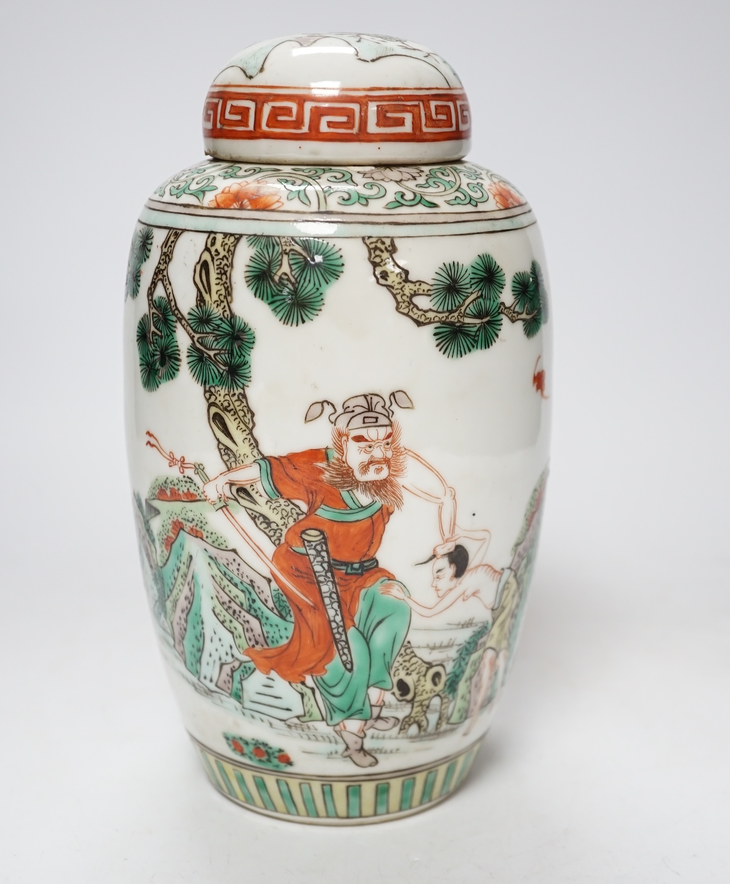 An early 20th century Chinese 'Zhongkui' famille verte jar and cover, 23cm high